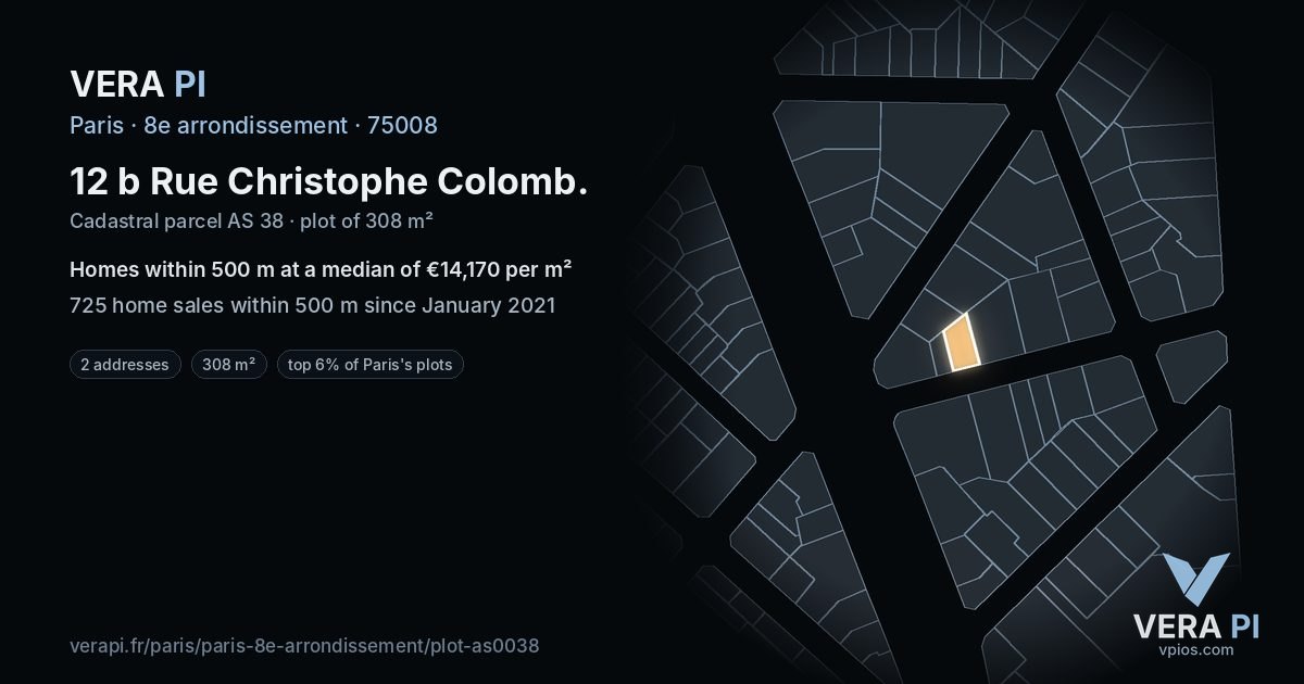 12 b Rue Christophe Colomb, 8e arrondissement at night – the plot lit, the parcels around coloured by the prices near them