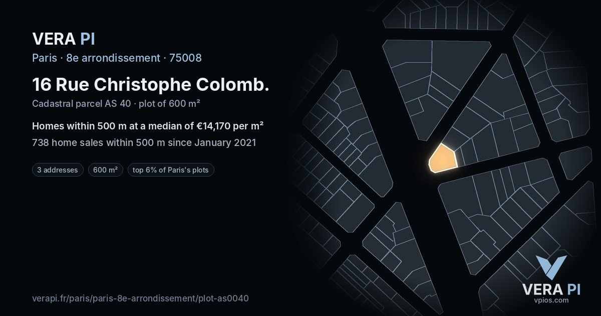 16 Rue Christophe Colomb, 8e arrondissement at night – the plot lit, the parcels around coloured by the prices near them
