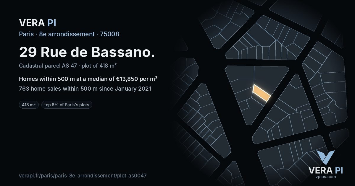 29 Rue de Bassano, 8e arrondissement at night – the plot lit, the parcels around coloured by the prices near them