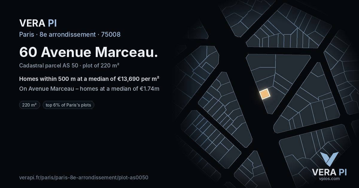 60 Avenue Marceau, 8e arrondissement at night – the plot lit, the parcels around coloured by the prices near them
