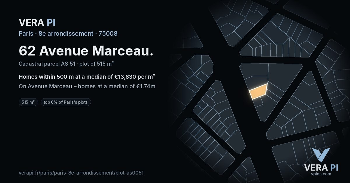 62 Avenue Marceau, 8e arrondissement at night – the plot lit, the parcels around coloured by the prices near them