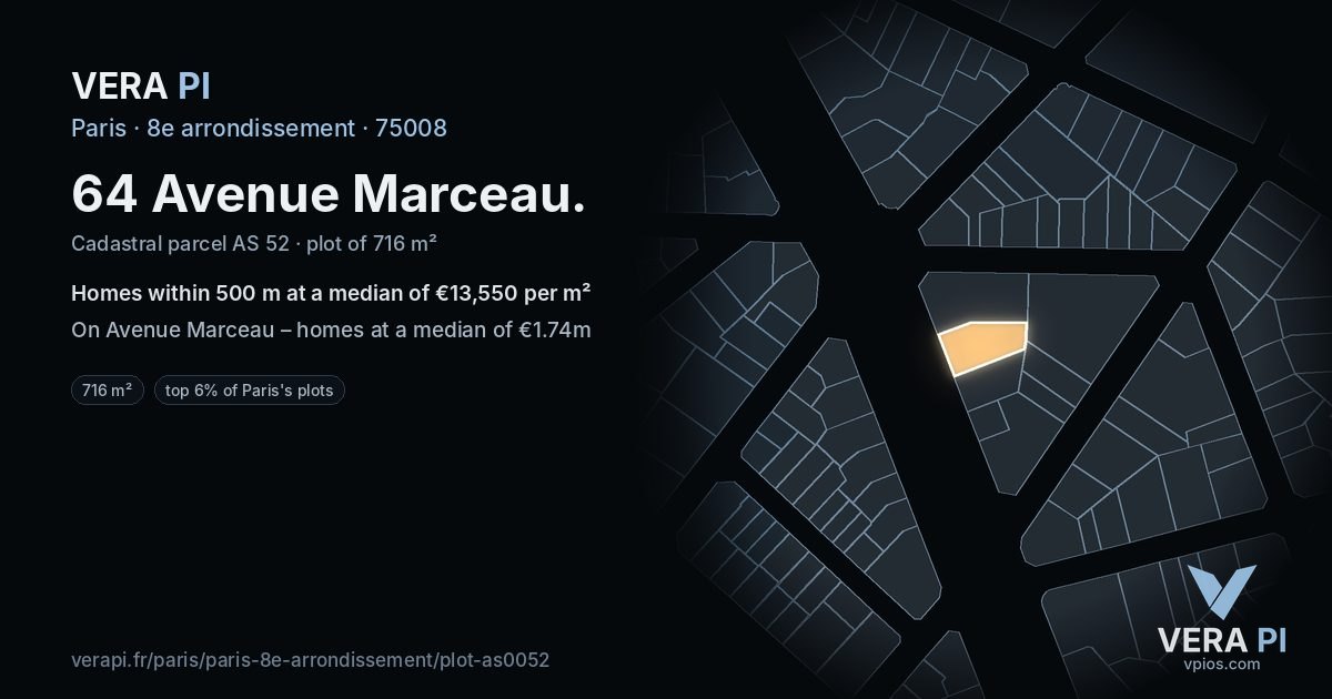 64 Avenue Marceau, 8e arrondissement at night – the plot lit, the parcels around coloured by the prices near them