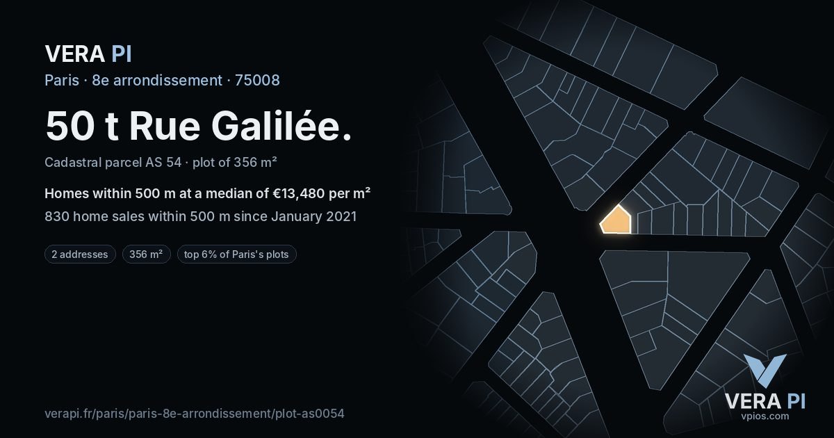 50 t Rue Galilée, 8e arrondissement at night – the plot lit, the parcels around coloured by the prices near them