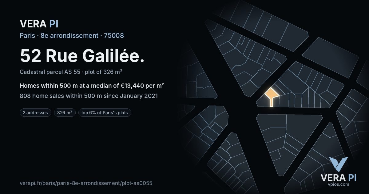 52 Rue Galilée, 8e arrondissement at night – the plot lit, the parcels around coloured by the prices near them