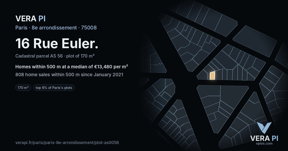 16 Rue Euler, 8e arrondissement at night – the plot lit, the parcels around coloured by the prices near them