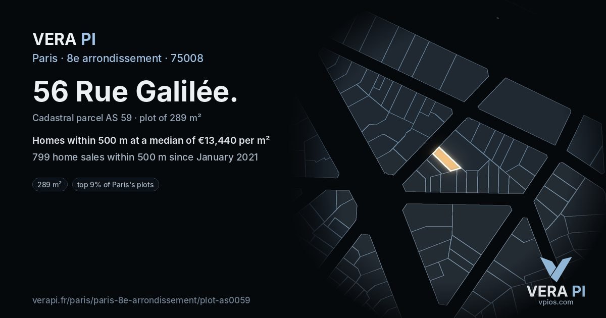 56 Rue Galilée, 8e arrondissement at night – the plot lit, the parcels around coloured by the prices near them
