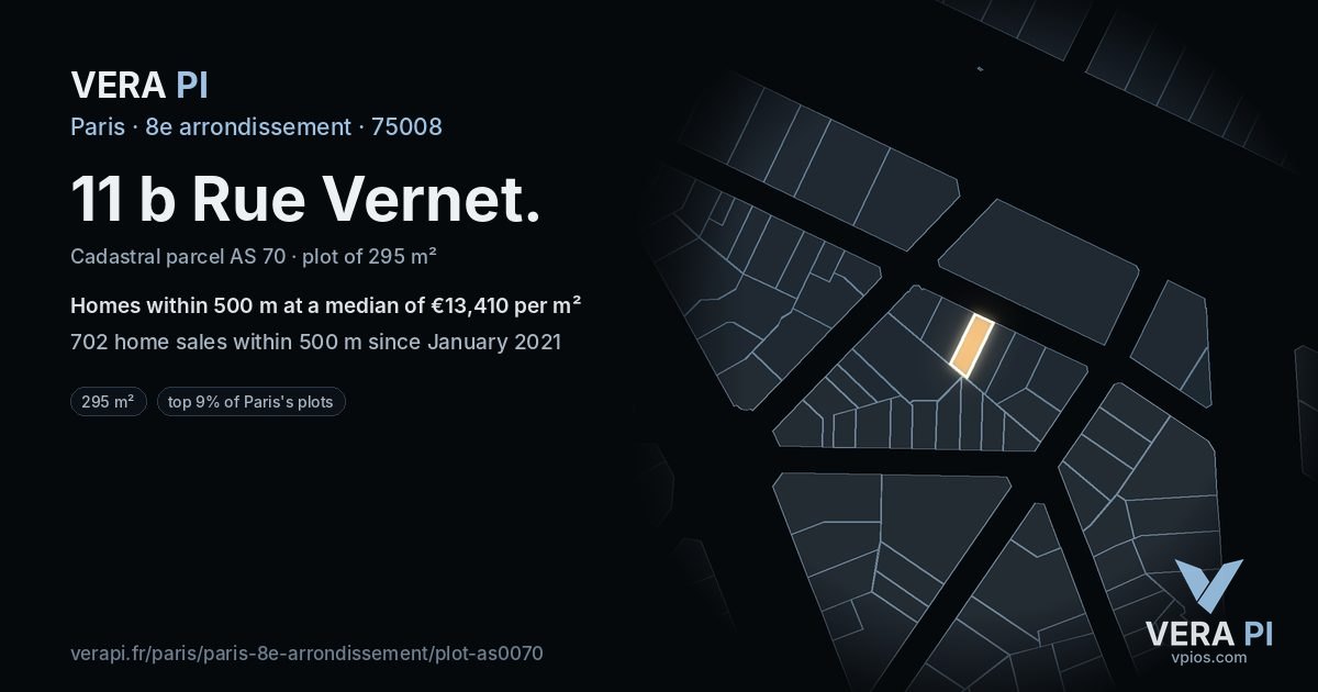 11 b Rue Vernet, 8e arrondissement at night – the plot lit, the parcels around coloured by the prices near them