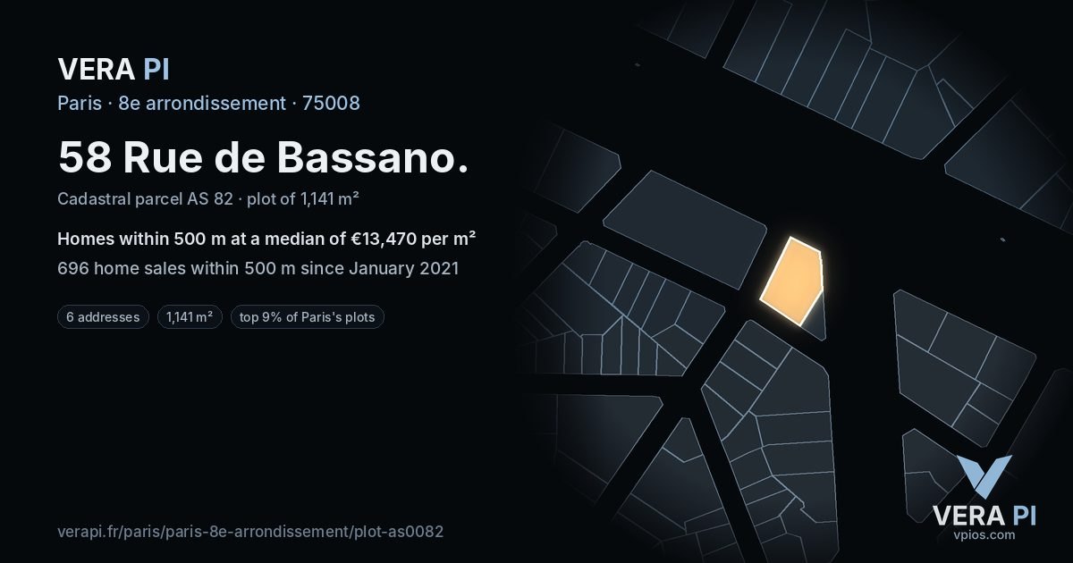 58 Rue de Bassano, 8e arrondissement at night – the plot lit, the parcels around coloured by the prices near them