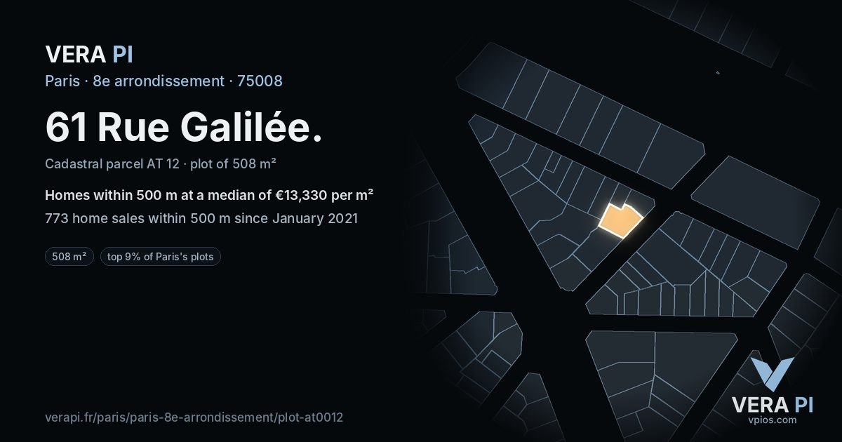 61 Rue Galilée, 8e arrondissement at night – the plot lit, the parcels around coloured by the prices near them