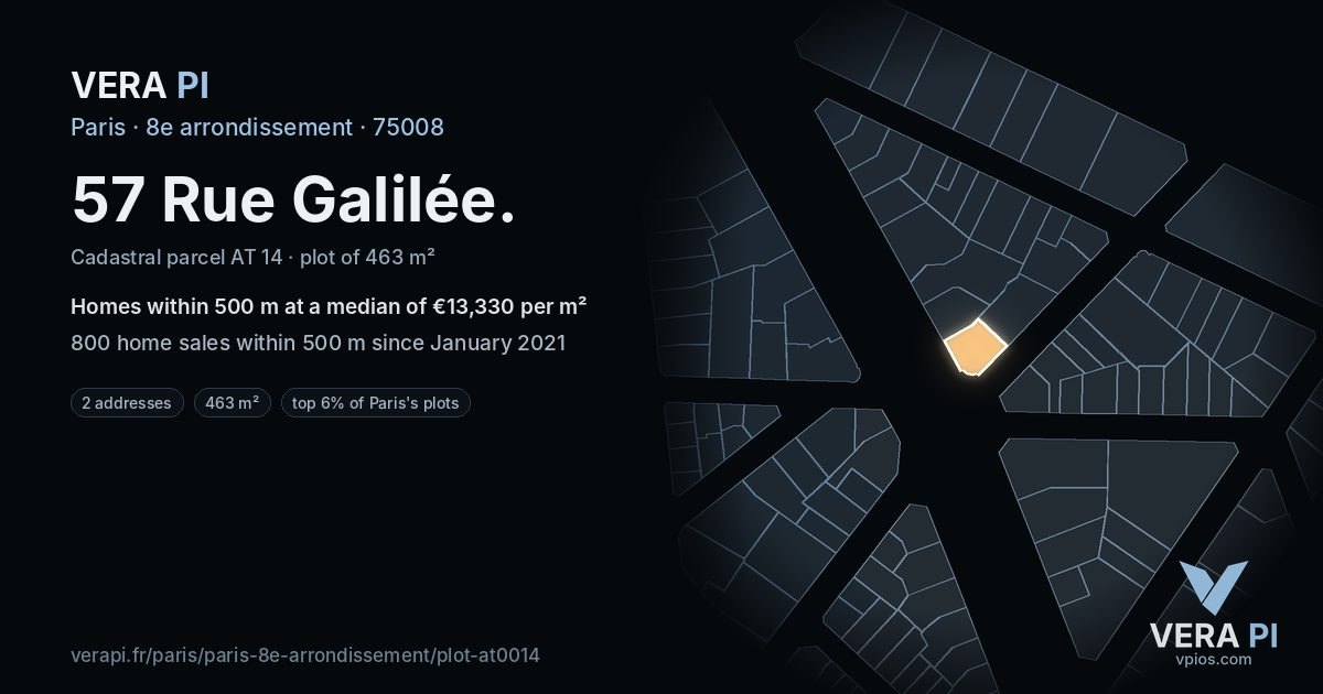 57 Rue Galilée, 8e arrondissement at night – the plot lit, the parcels around coloured by the prices near them