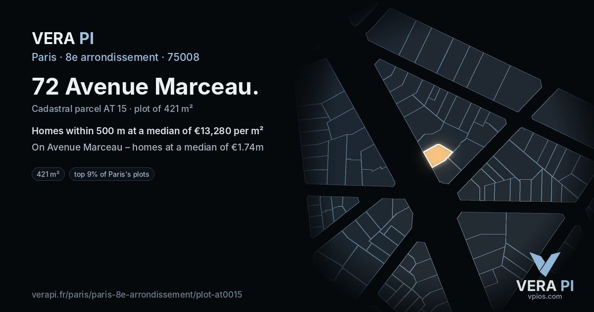 72 Avenue Marceau, 8e arrondissement at night – the plot lit, the parcels around coloured by the prices near them