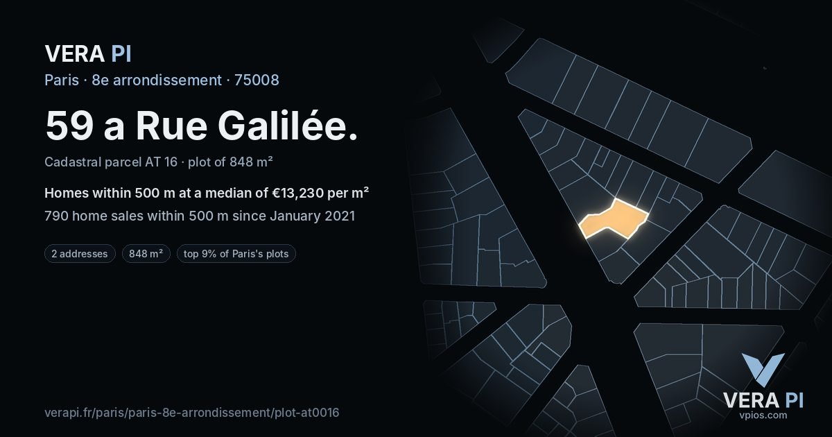 59 a Rue Galilée, 8e arrondissement at night – the plot lit, the parcels around coloured by the prices near them