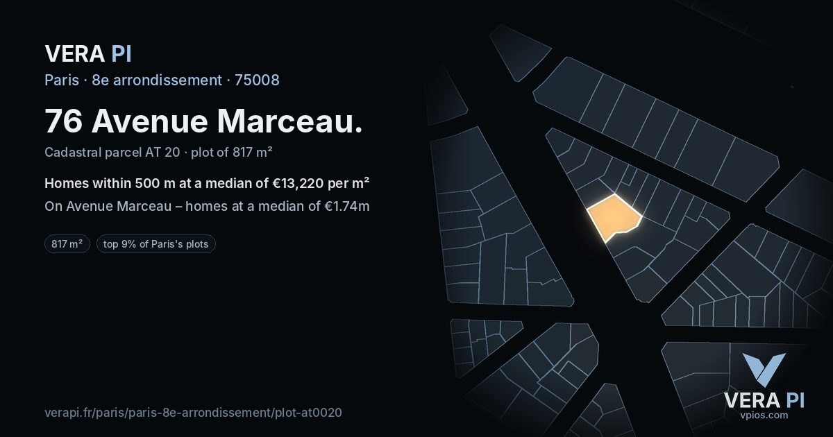 76 Avenue Marceau, 8e arrondissement at night – the plot lit, the parcels around coloured by the prices near them