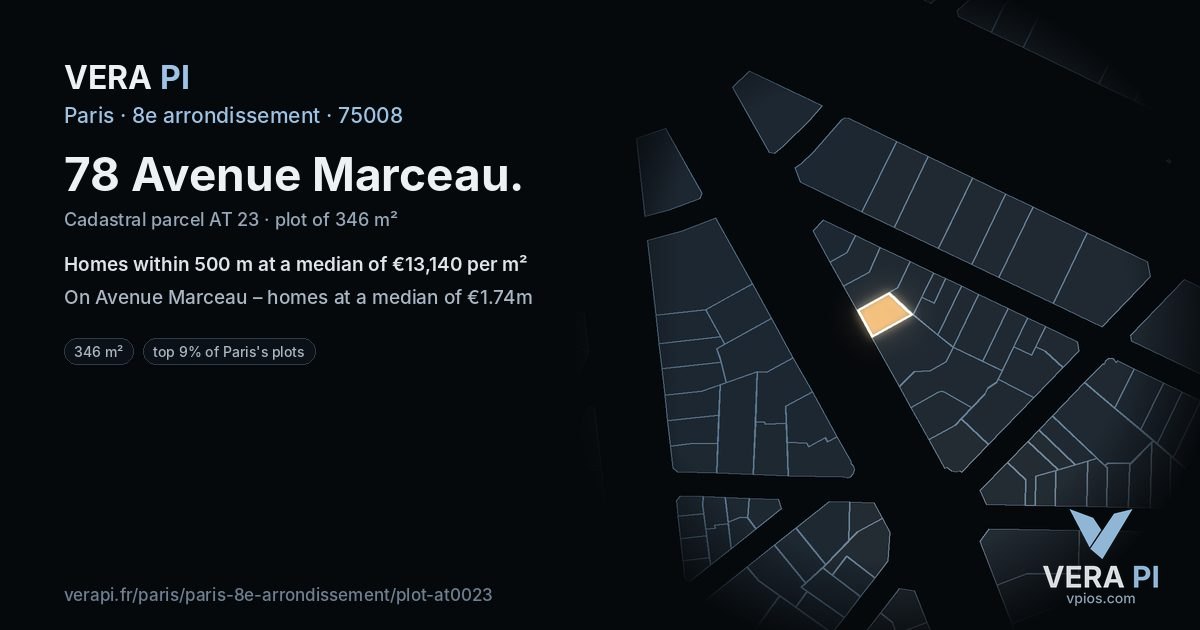 78 Avenue Marceau, 8e arrondissement at night – the plot lit, the parcels around coloured by the prices near them