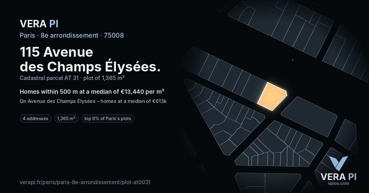 115 Avenue des Champs Élysées, 8e arrondissement at night – the plot lit, the parcels around coloured by the prices near them