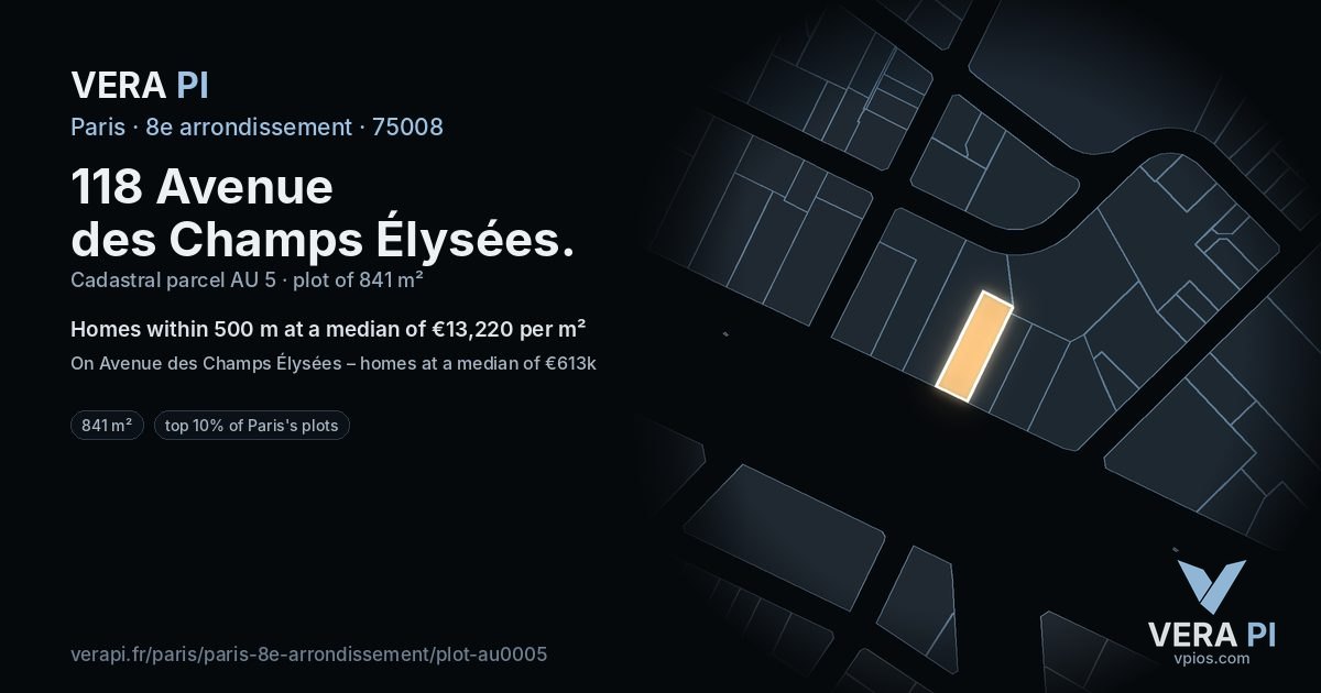 118 Avenue des Champs Élysées, 8e arrondissement at night – the plot lit, the parcels around coloured by the prices near them