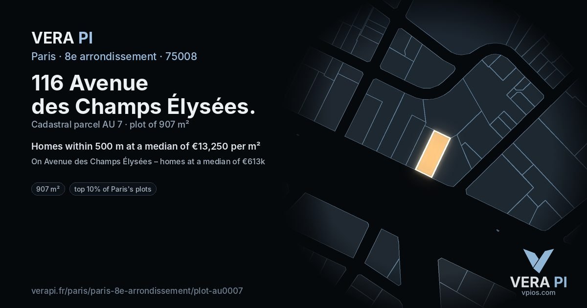116 Avenue des Champs Élysées, 8e arrondissement at night – the plot lit, the parcels around coloured by the prices near them