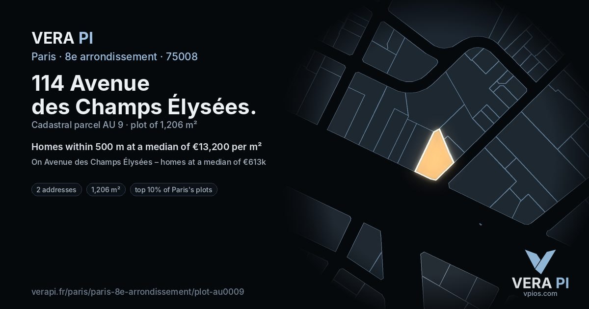 114 Avenue des Champs Élysées, 8e arrondissement at night – the plot lit, the parcels around coloured by the prices near them