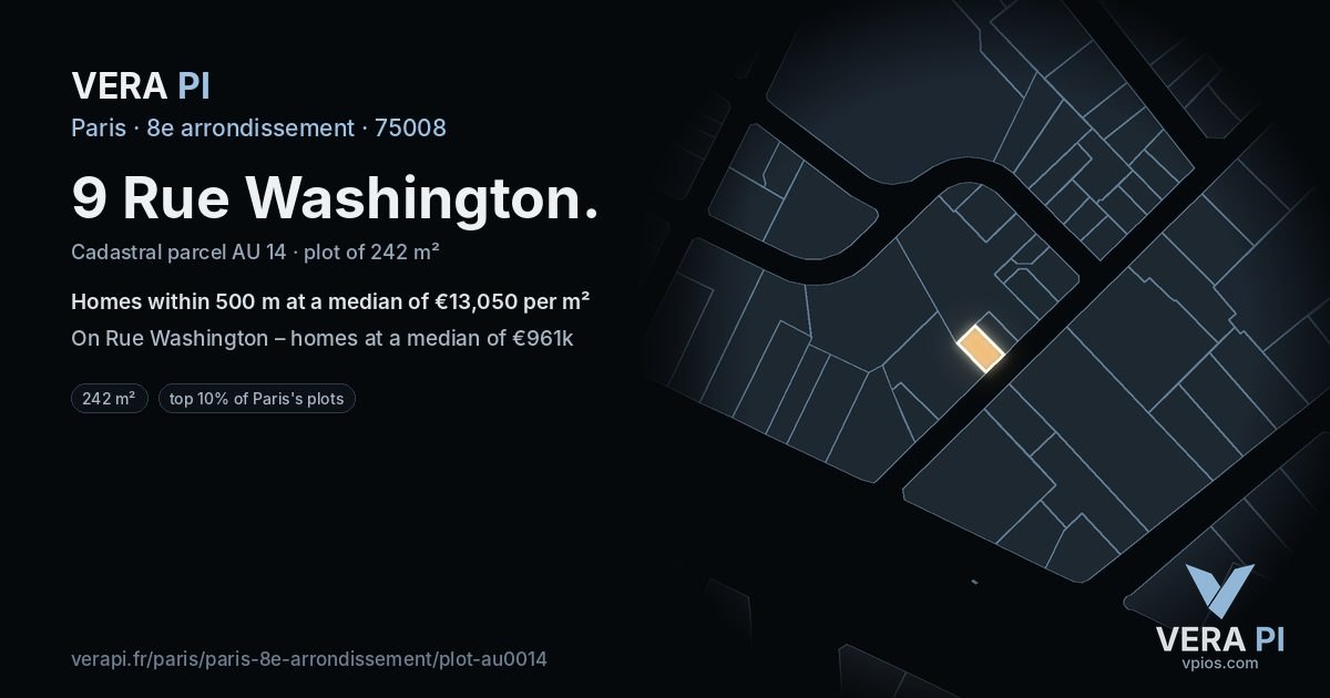 9 Rue Washington, 8e arrondissement at night – the plot lit, the parcels around coloured by the prices near them