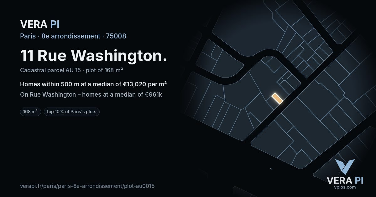 11 Rue Washington, 8e arrondissement at night – the plot lit, the parcels around coloured by the prices near them