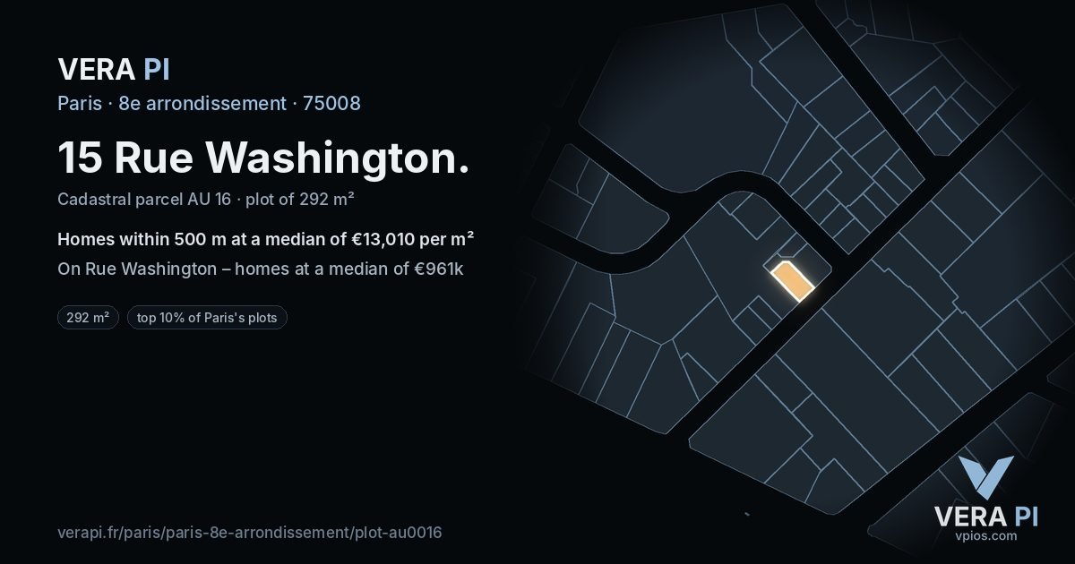 15 Rue Washington, 8e arrondissement at night – the plot lit, the parcels around coloured by the prices near them