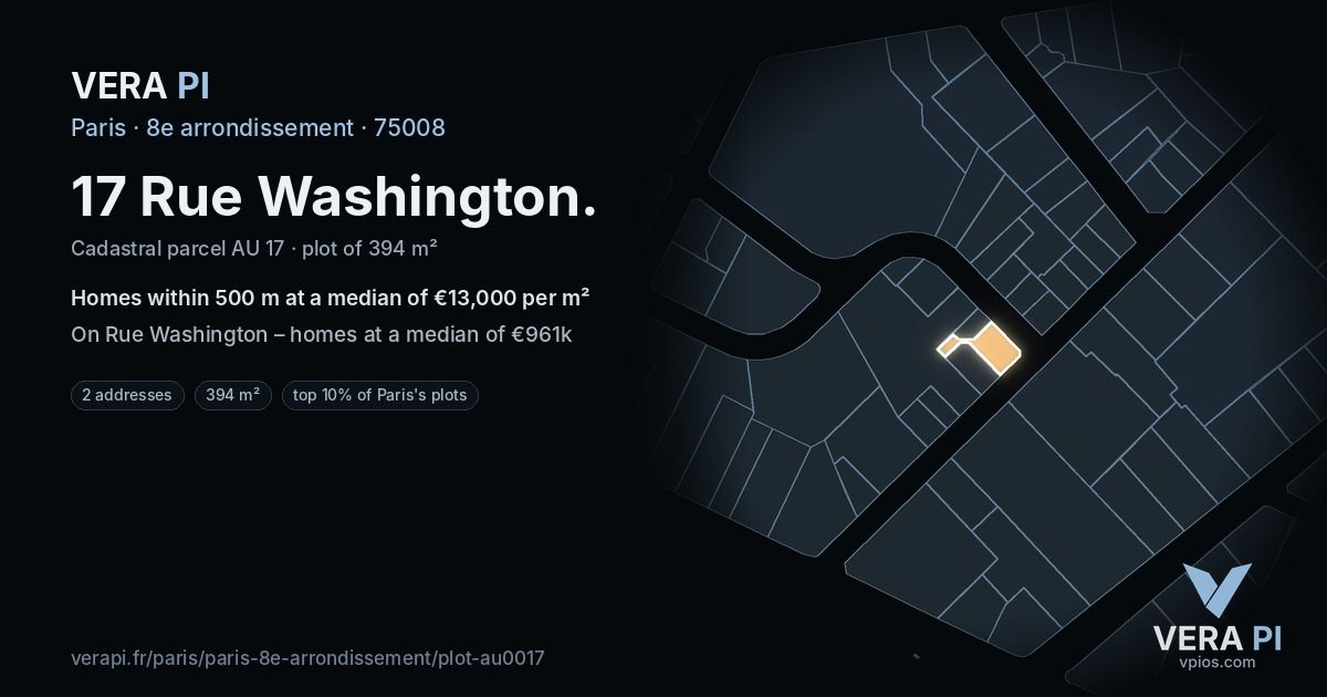 17 Rue Washington, 8e arrondissement at night – the plot lit, the parcels around coloured by the prices near them
