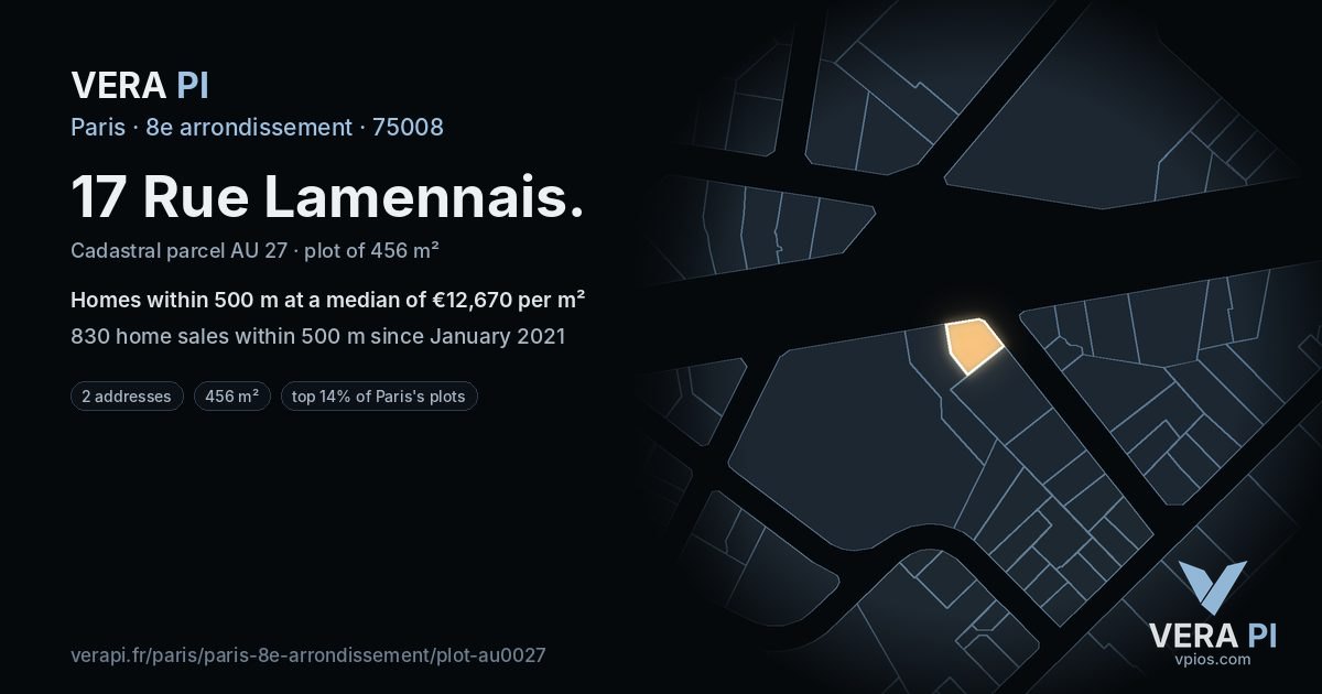 17 Rue Lamennais, 8e arrondissement at night – the plot lit, the parcels around coloured by the prices near them