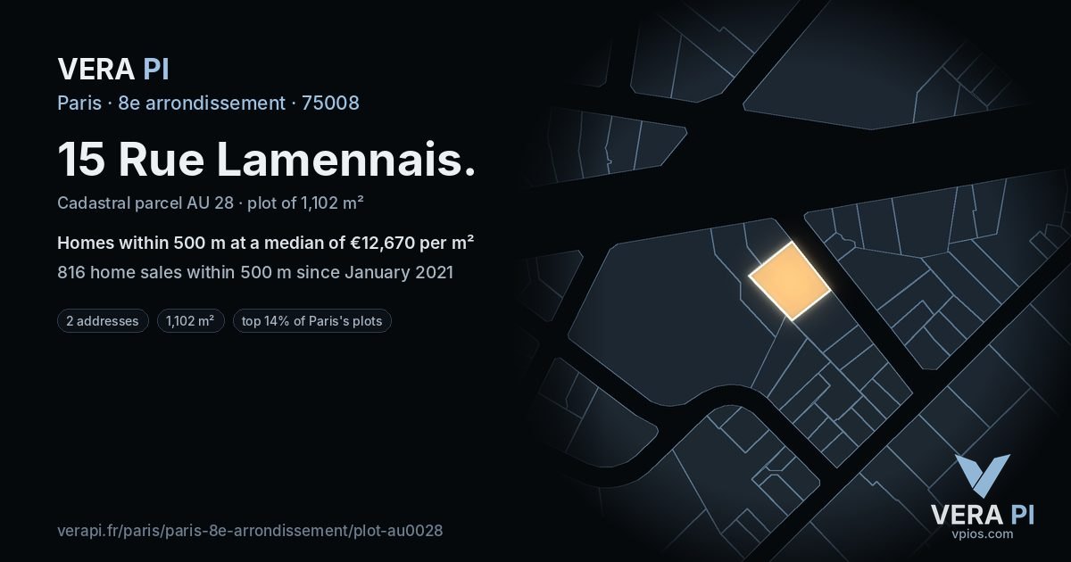 15 Rue Lamennais, 8e arrondissement at night – the plot lit, the parcels around coloured by the prices near them