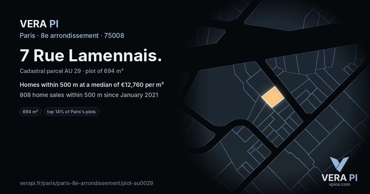 7 Rue Lamennais, 8e arrondissement at night – the plot lit, the parcels around coloured by the prices near them