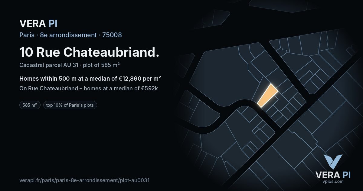 10 Rue Chateaubriand, 8e arrondissement at night – the plot lit, the parcels around coloured by the prices near them