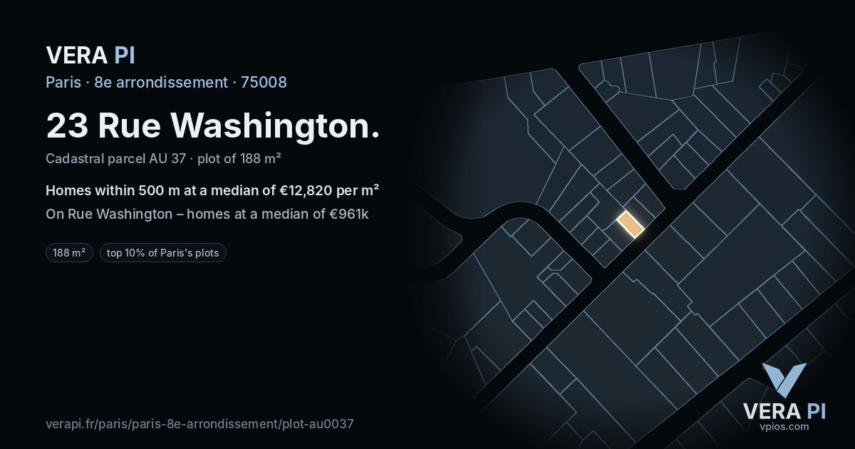 23 Rue Washington, 8e arrondissement at night – the plot lit, the parcels around coloured by the prices near them