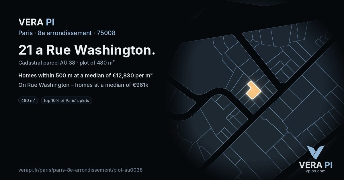 21 a Rue Washington, 8e arrondissement at night – the plot lit, the parcels around coloured by the prices near them
