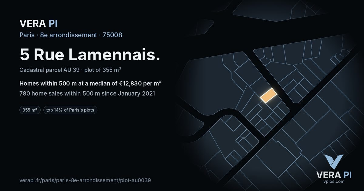 5 Rue Lamennais, 8e arrondissement at night – the plot lit, the parcels around coloured by the prices near them