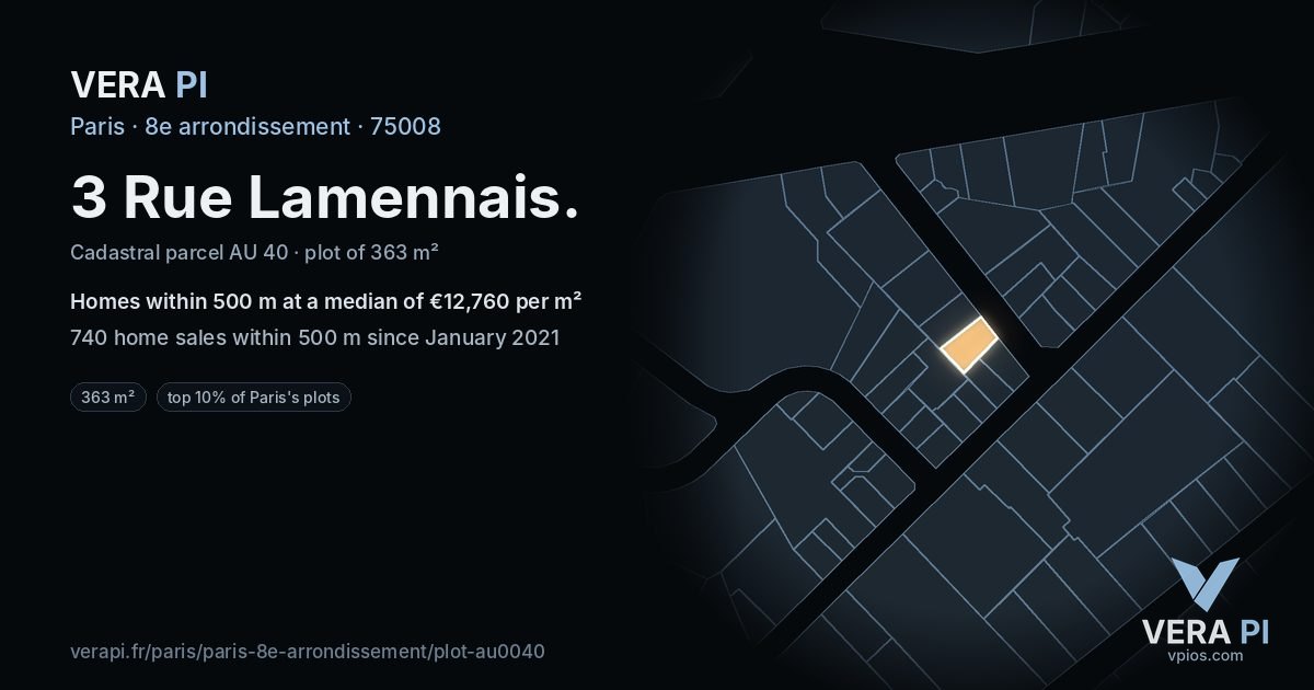 3 Rue Lamennais, 8e arrondissement at night – the plot lit, the parcels around coloured by the prices near them