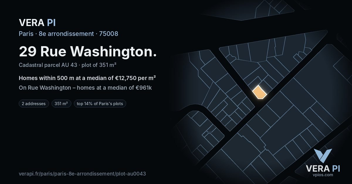 29 Rue Washington, 8e arrondissement at night – the plot lit, the parcels around coloured by the prices near them