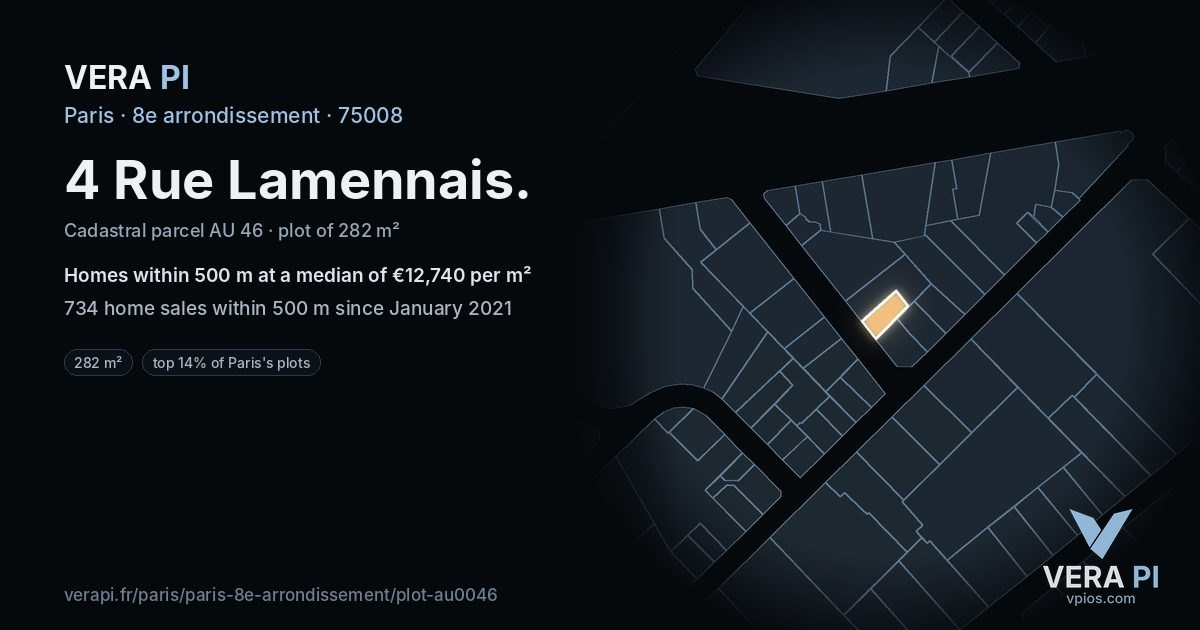 4 Rue Lamennais, 8e arrondissement at night – the plot lit, the parcels around coloured by the prices near them