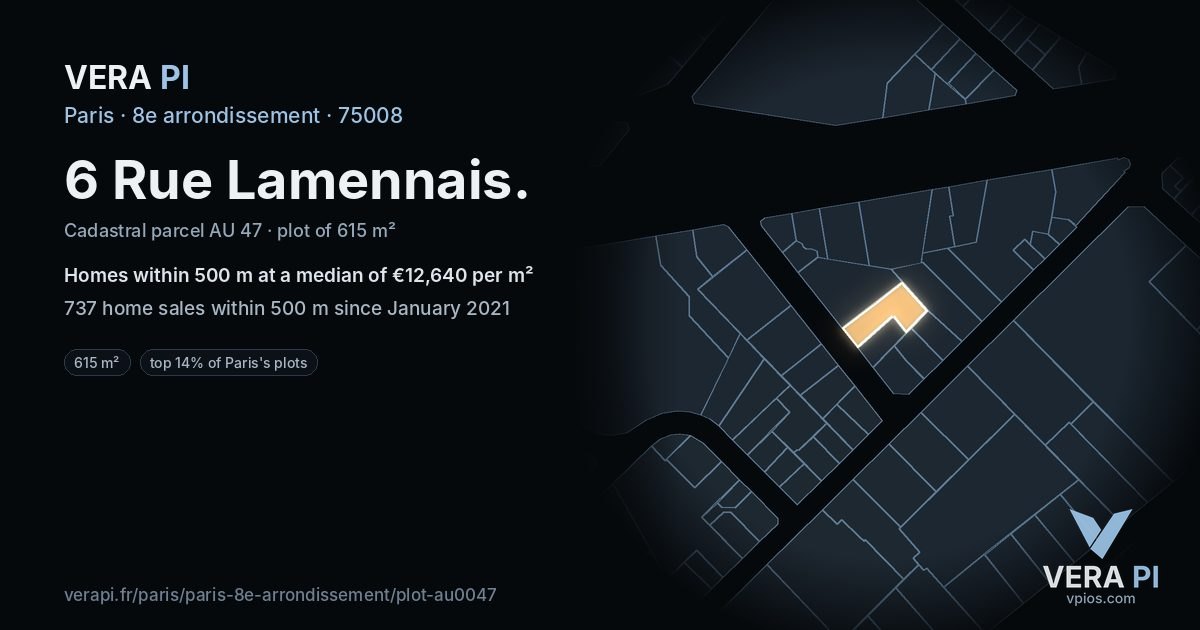 6 Rue Lamennais, 8e arrondissement at night – the plot lit, the parcels around coloured by the prices near them