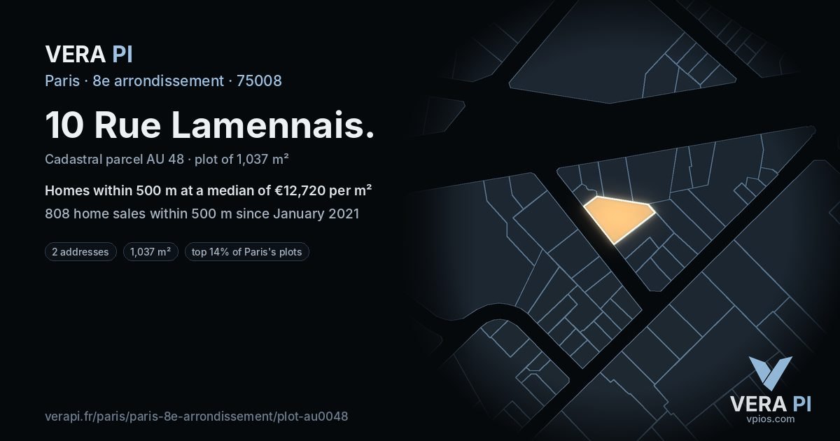 10 Rue Lamennais, 8e arrondissement at night – the plot lit, the parcels around coloured by the prices near them