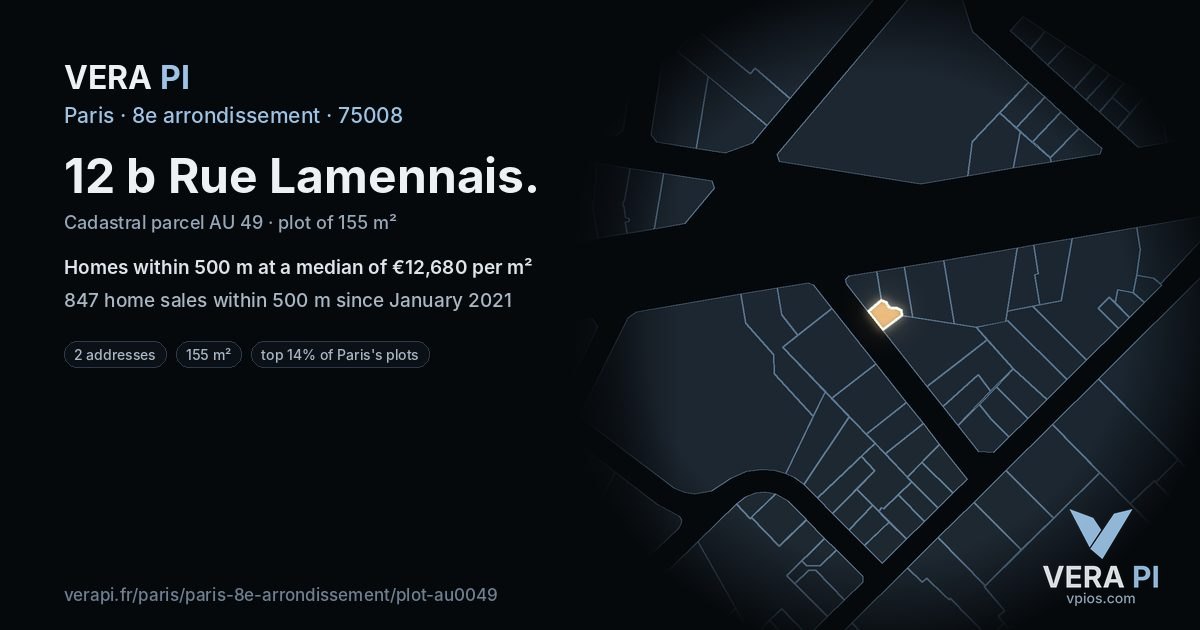 12 b Rue Lamennais, 8e arrondissement at night – the plot lit, the parcels around coloured by the prices near them