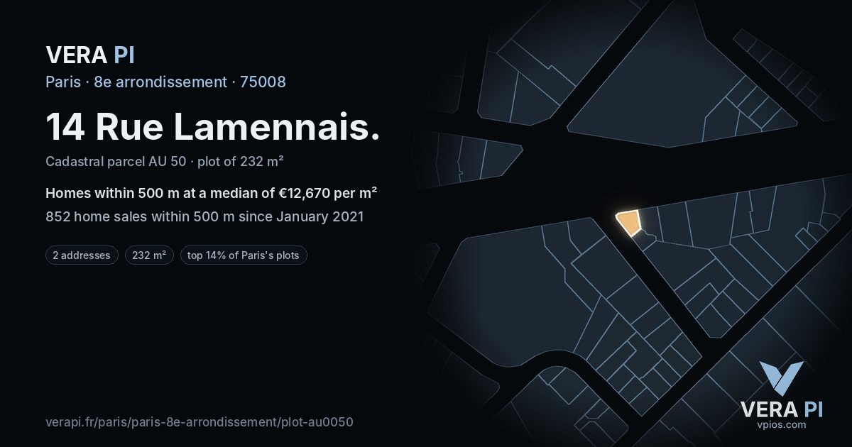 14 Rue Lamennais, 8e arrondissement at night – the plot lit, the parcels around coloured by the prices near them