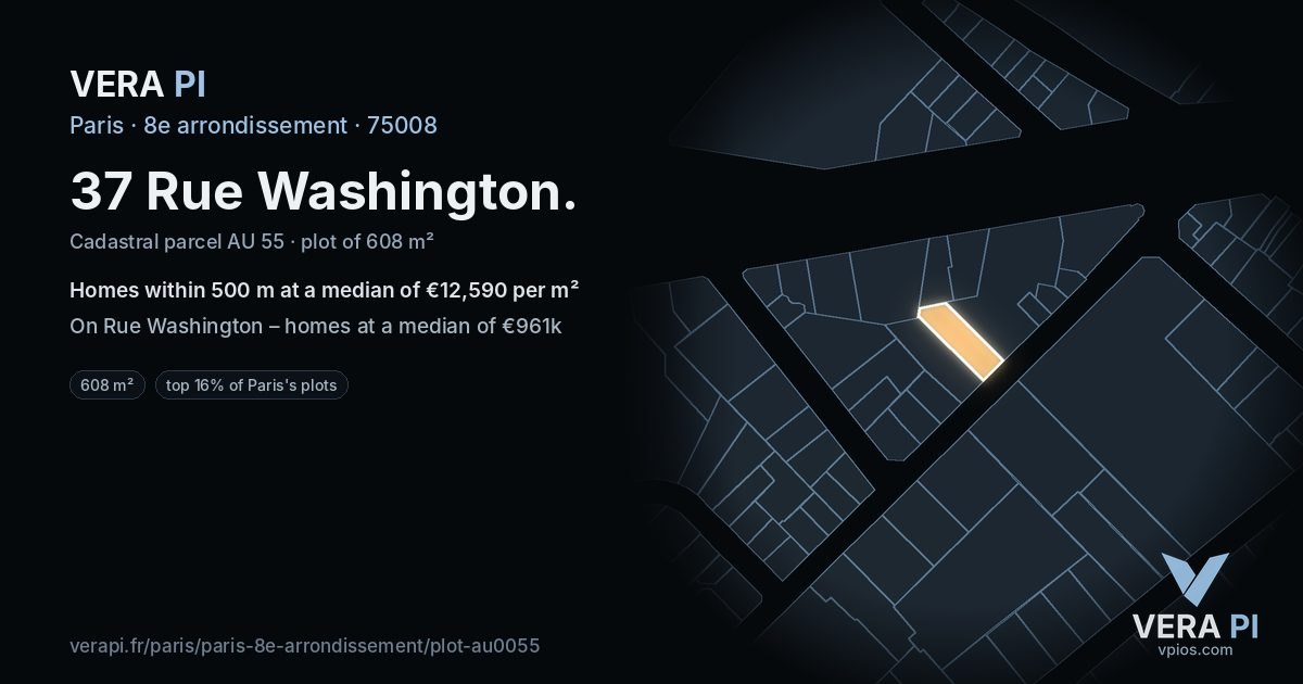 37 Rue Washington, 8e arrondissement at night – the plot lit, the parcels around coloured by the prices near them
