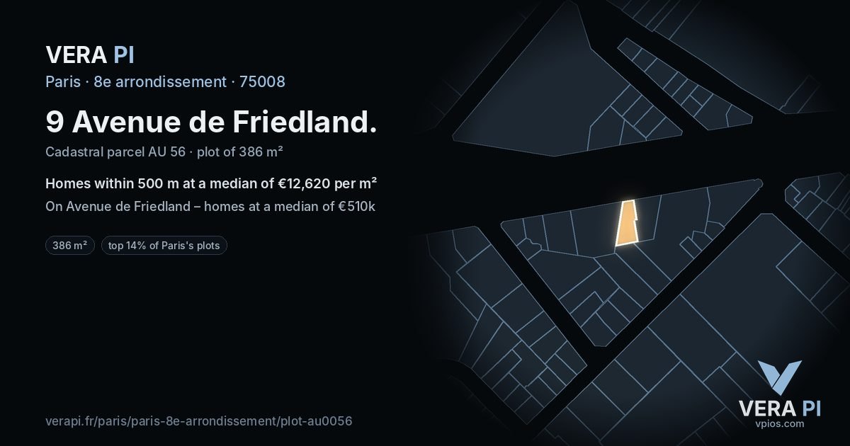 9 Avenue de Friedland, 8e arrondissement at night – the plot lit, the parcels around coloured by the prices near them
