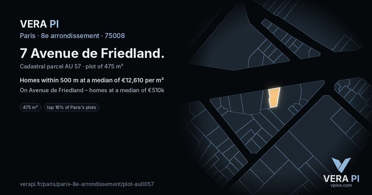 7 Avenue de Friedland, 8e arrondissement at night – the plot lit, the parcels around coloured by the prices near them