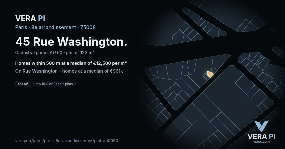 45 Rue Washington, 8e arrondissement at night – the plot lit, the parcels around coloured by the prices near them
