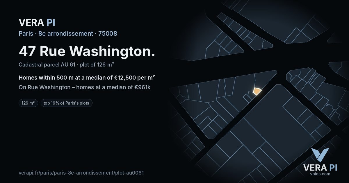 47 Rue Washington, 8e arrondissement at night – the plot lit, the parcels around coloured by the prices near them