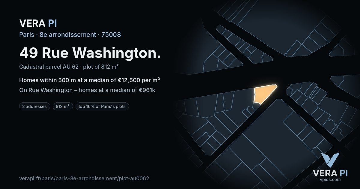 49 Rue Washington, 8e arrondissement at night – the plot lit, the parcels around coloured by the prices near them