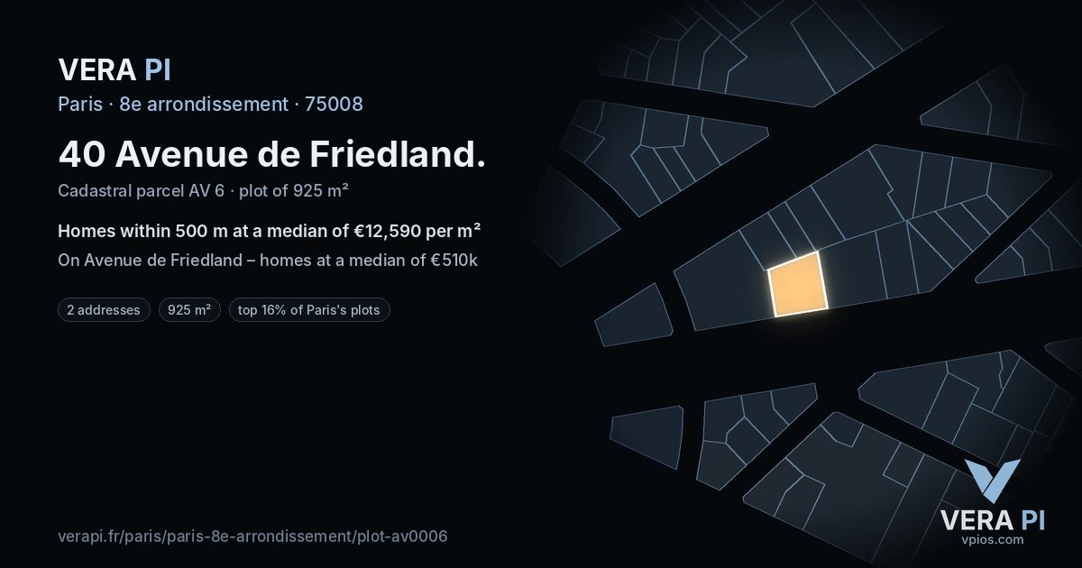 40 Avenue de Friedland, 8e arrondissement at night – the plot lit, the parcels around coloured by the prices near them
