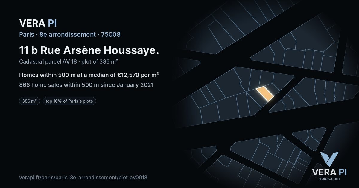 11 b Rue Arsène Houssaye, 8e arrondissement at night – the plot lit, the parcels around coloured by the prices near them