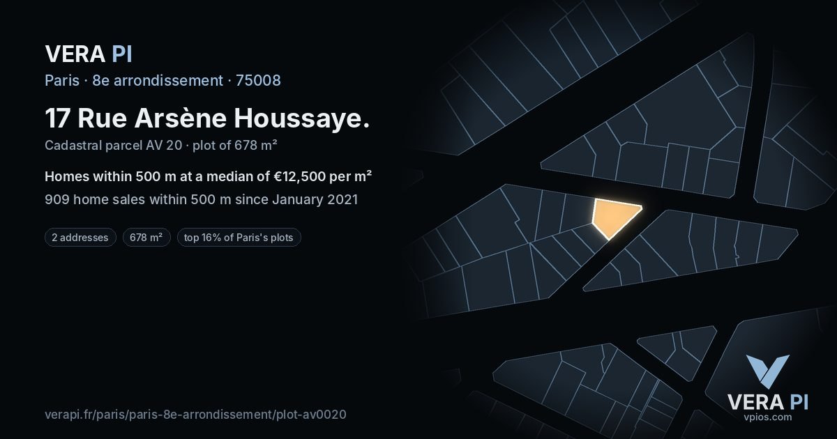 17 Rue Arsène Houssaye, 8e arrondissement at night – the plot lit, the parcels around coloured by the prices near them