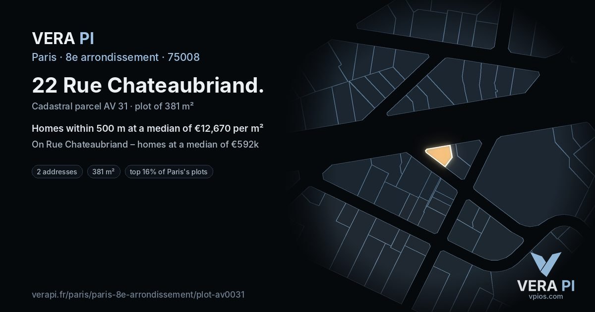 22 Rue Chateaubriand, 8e arrondissement at night – the plot lit, the parcels around coloured by the prices near them